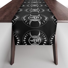 Mystic snake silver mandala with triple goddess and moon phases Table Runner