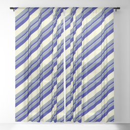 [ Thumbnail: Slate Gray, Dark Blue & Light Yellow Colored Lined Pattern Sheer Curtain ]