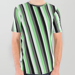 [ Thumbnail: Dim Gray, Light Green, Mint Cream & Black Colored Stripes Pattern All Over Graphic Tee ]