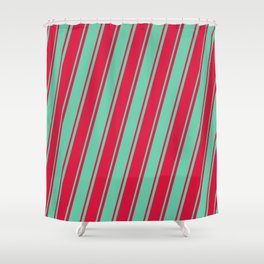 [ Thumbnail: Aquamarine and Crimson Colored Lined/Striped Pattern Shower Curtain ]