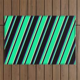 [ Thumbnail: Green, Tan, Black, and Indigo Colored Lines/Stripes Pattern Outdoor Rug ]