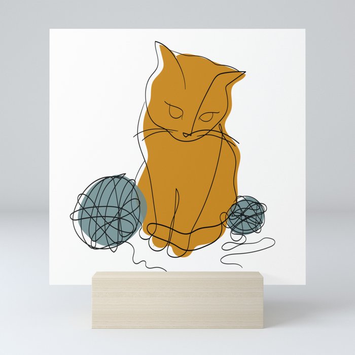 Cat with yarn line art Mini Art Print