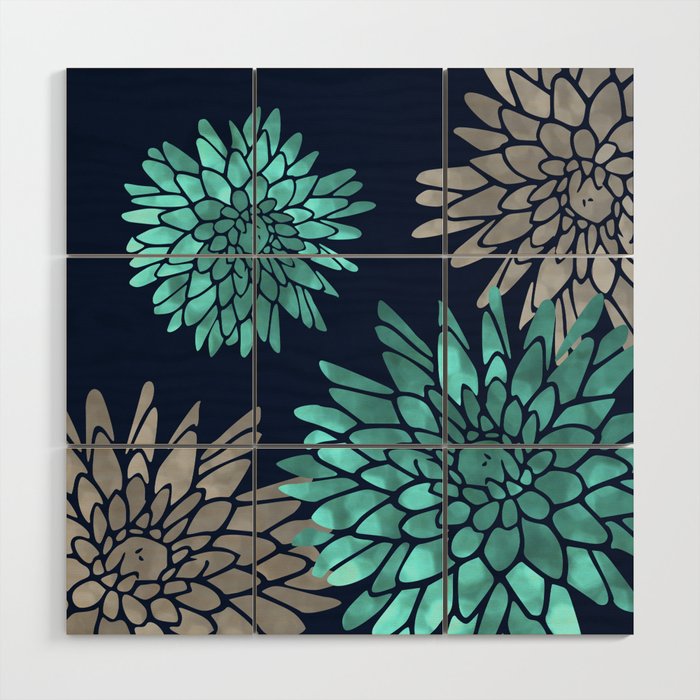 Floral Chrysanthemum Modern Navy Aqua Wood Wall Art