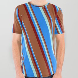 [ Thumbnail: Turquoise, Blue, Maroon, and Sienna Colored Lines Pattern All Over Graphic Tee ]