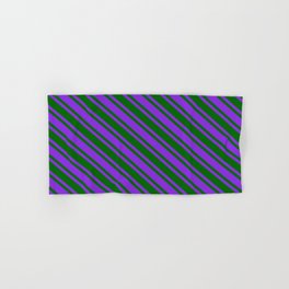 [ Thumbnail: Purple & Dark Green Colored Pattern of Stripes Hand & Bath Towel ]
