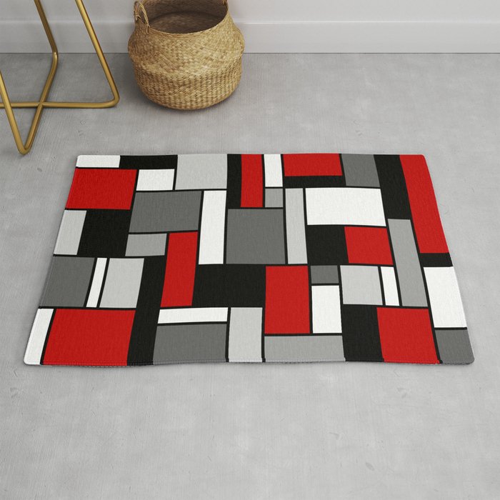 Mid Century Modern Color Blocks in Red, Gray, Black and White Rug