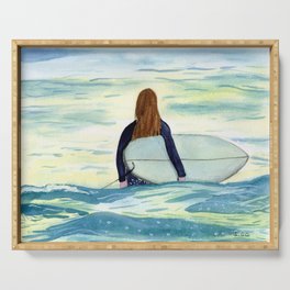 Surfer Girl in Sunlight Watercolor Art Serving Tray