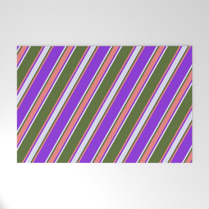 Dark Olive Green, Light Coral, Purple & Lavender Colored Stripes/Lines Pattern Welcome Mat
