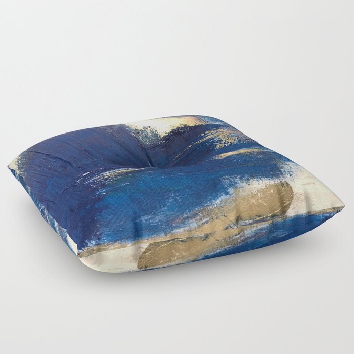 Halo [2]: a minimal, abstract mixed-media piece in blue and gold by Alyssa Hamilton Art Floor Pillow