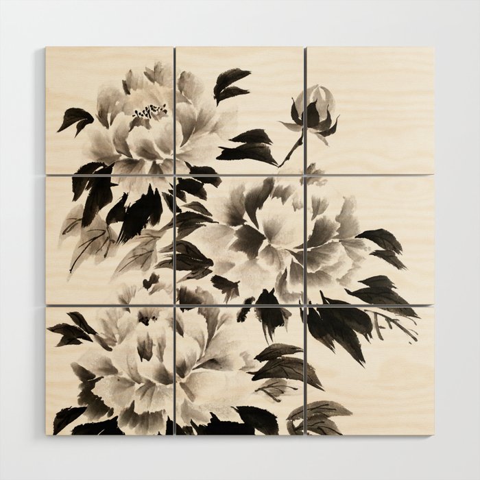 sumi-e painting of peony flowers Wood Wall Art
