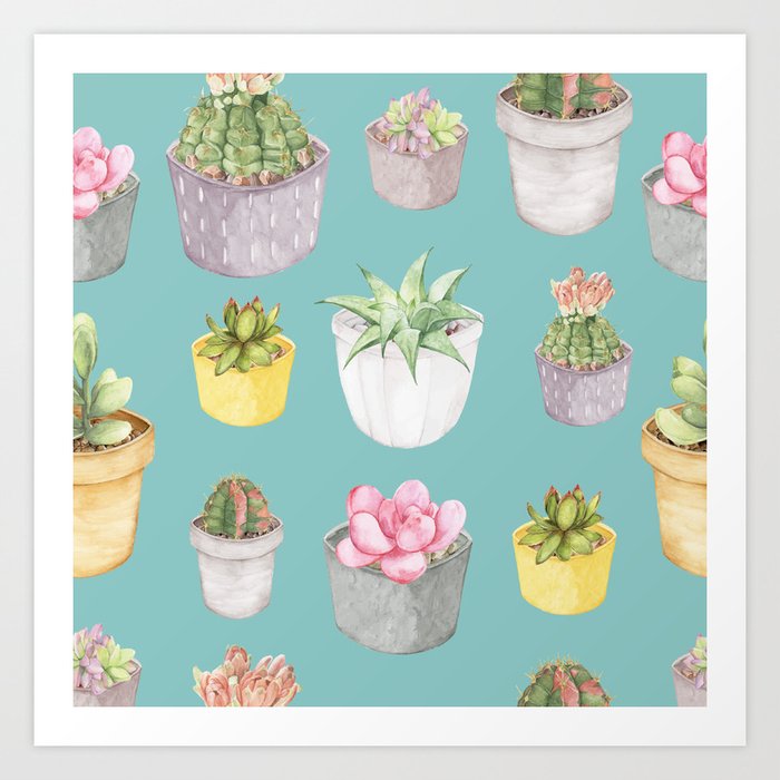 Succulent Pattern On Light Blue Art Print By Natiefdesigns