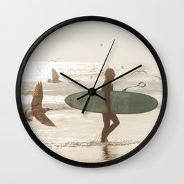 Beach Surfer - Sunset Ocean Seagulls Wall Clock