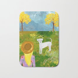 A GIRL AND HER DOG Bath Mat | Acrylic, Watercolor, Girl, Wildflowers, Flowers, Dog, Farm, Yellow, Floral, Painting 