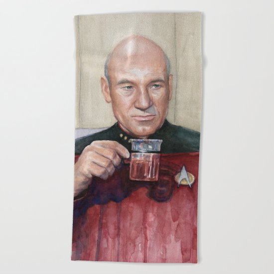 Tea. Earl Grey. Hot. Captain Picard Star Trek | Watercolor Beach Towel