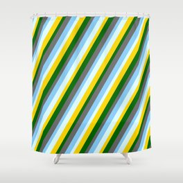 [ Thumbnail: Colorful Dark Green, Dim Gray, Light Sky Blue, Light Cyan, and Yellow Colored Pattern of Stripes Shower Curtain ]