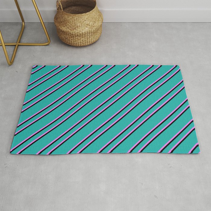Light Sea Green, Violet, and Black Colored Lined/Striped Pattern Rug
