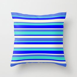 [ Thumbnail: Royal Blue, Turquoise, Blue & Beige Colored Lined Pattern Throw Pillow ]
