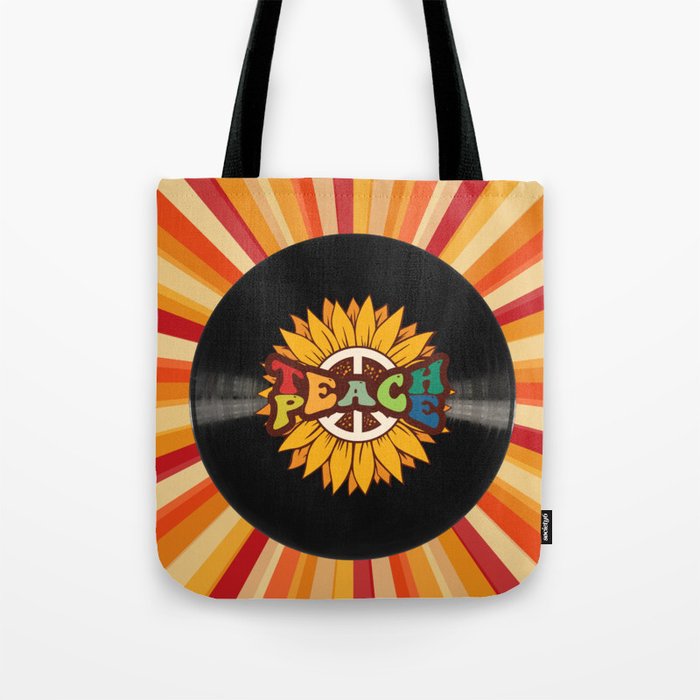 Teach Peace Sunflower Retro Record Tote Bag