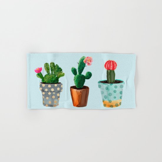 Three Cacti With Flowers On Light Blue Background Hand & Bath Towel