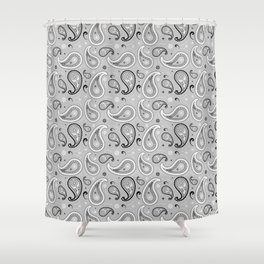 Black and White Paisley Pattern on Dark Light Grey Background Shower Curtain