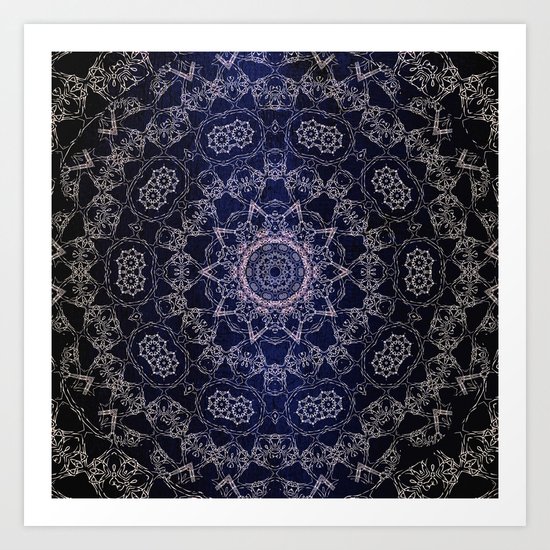 Glowing Nirvana Mandala On Deep Blue Textured Background Art Print