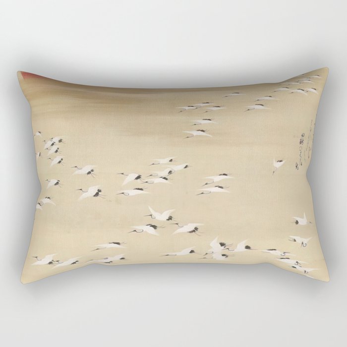 Thousand Cranes and Rising Sun Japanese Woodblock art Hara Zaisei Rectangular Pillow