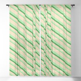 [ Thumbnail: Tan, Light Green, and Green Colored Lined/Striped Pattern Sheer Curtain ]