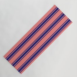[ Thumbnail: Light Coral and Midnight Blue Colored Striped/Lined Pattern Yoga Mat ]