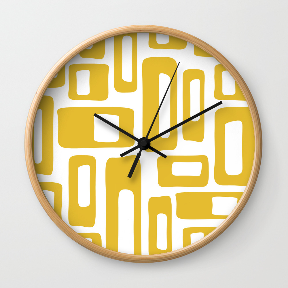 Retro Mid Century Modern Abstract Pattern 336 Mustard Yellow Wall Clock By Tonymagner Society6 Wall office clock set large yellow wall clock with flower on a white background white alarm clock closeup standing on. society6