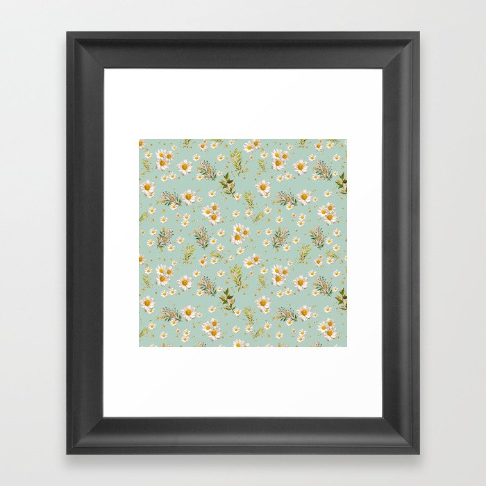 White Daisies Floral Pattern Seamless Sage Olive Green Framed Art Print