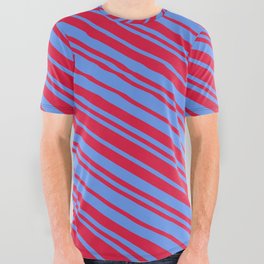 [ Thumbnail: Crimson and Cornflower Blue Colored Lines Pattern All Over Graphic Tee ]