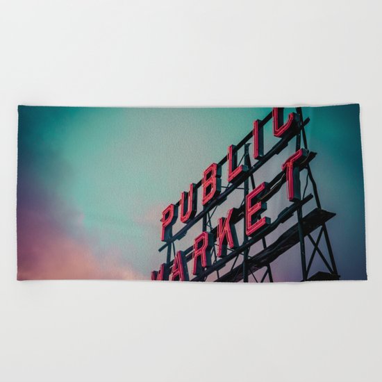 Seattle Pike Place Public Market Sign at Dawn Beach Towel