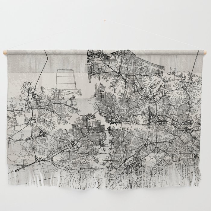 Norfolk - USA. Black and White City Map Wall Hanging