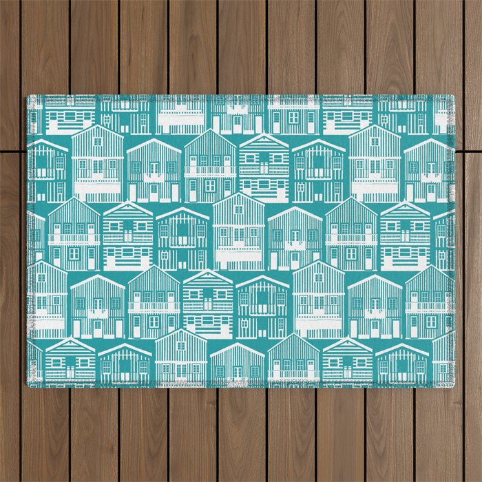 Monochromatic Portuguese houses // peacock teal background white striped Costa Nova inspired houses Outdoor Rug