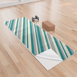 [ Thumbnail: Beige, Dark Gray, and Teal Colored Pattern of Stripes Yoga Towel ]