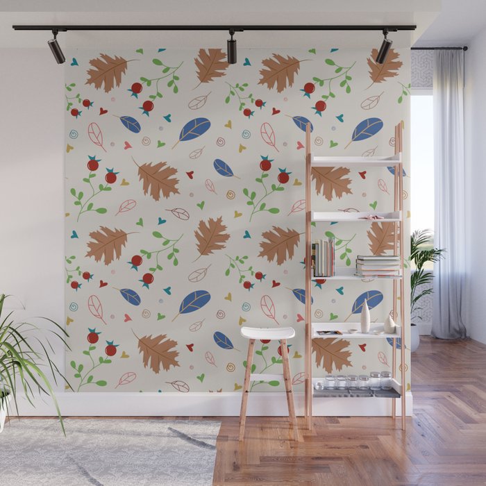 Autumn Vintage Leaves, Florals, and Berries Seamless Pattern Wall Mural