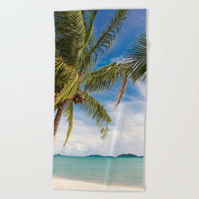 Waving palm trees on white beach Beach Towel