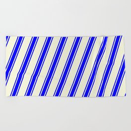 [ Thumbnail: Beige and Blue Colored Lined/Striped Pattern Beach Towel ]