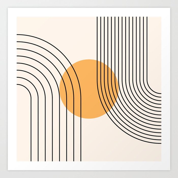 Geometric Lines in Black and Beige 24 (Rainbow and Sun Abstraction) Art Print