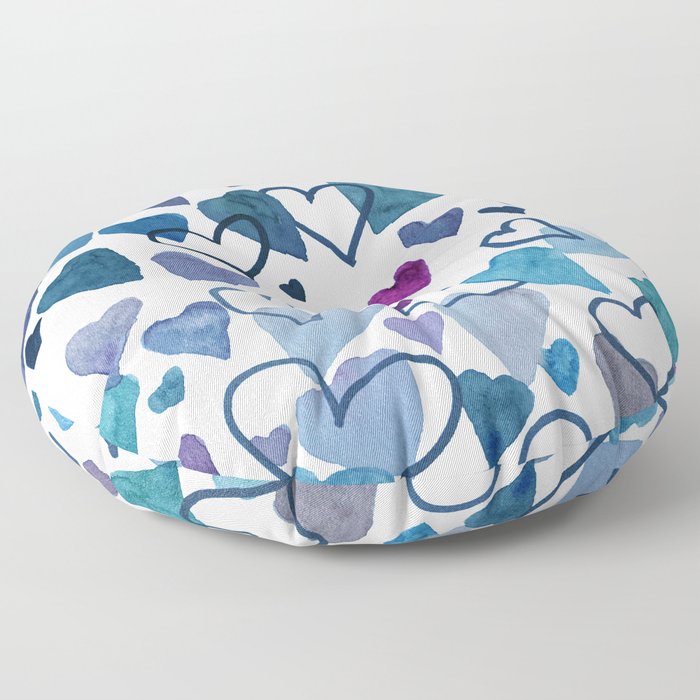 Watercolour Hearts Blue Floor Pillow