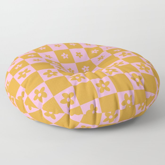 Abstract Floral Checker Pattern 3 in Gold pink Floor Pillow