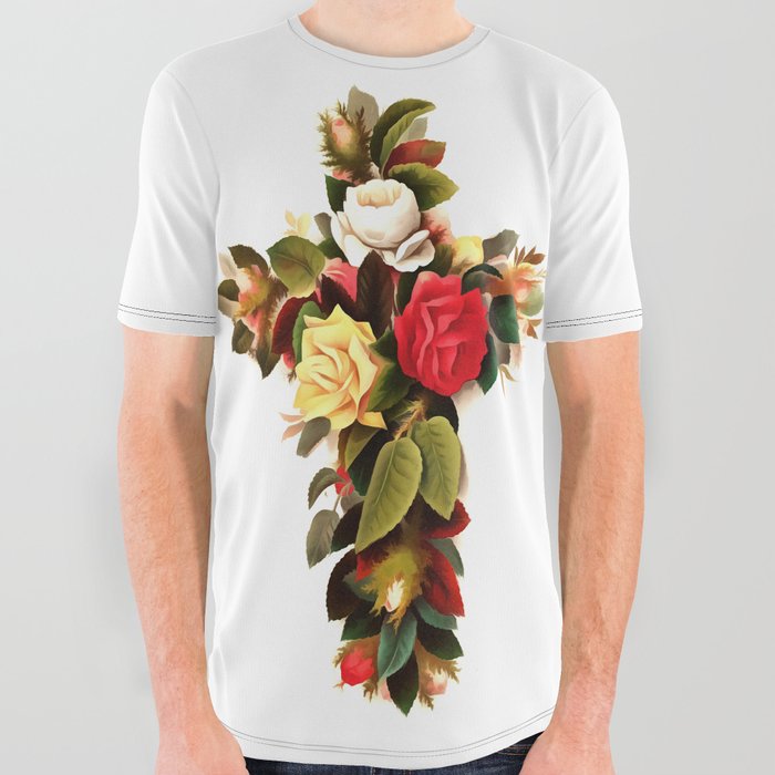 Easter Christian Cross Of Roses All Over Graphic Tee