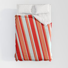 [ Thumbnail: Red, Light Cyan & Coral Colored Lines/Stripes Pattern Duvet Cover ]