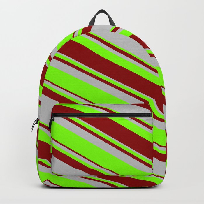 Dark Red, Grey & Chartreuse Colored Lined/Striped Pattern Backpack