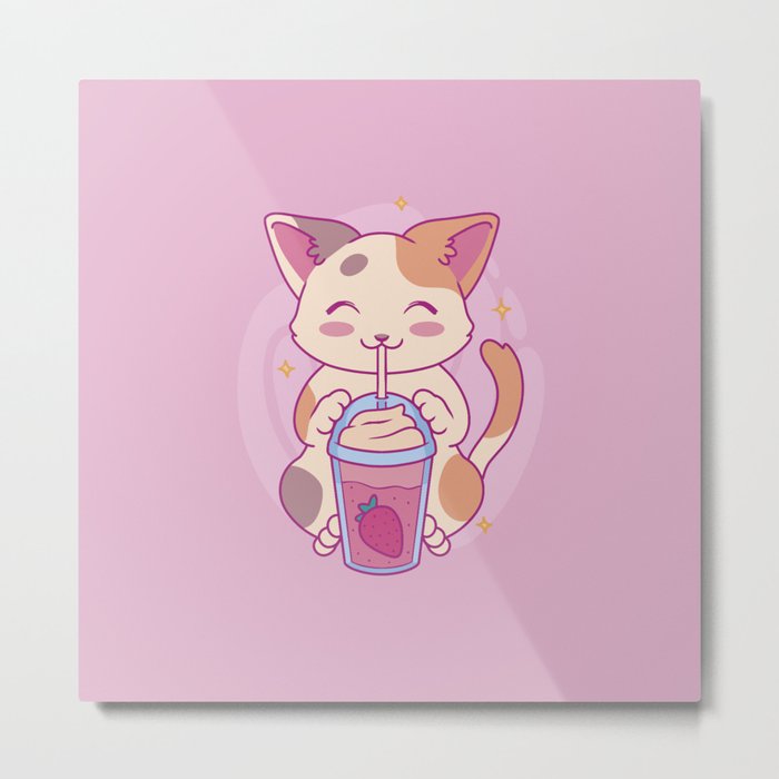 Neko Cat Strawberry Tea Milkshake | Japanese Anime Kawaii Metal Print