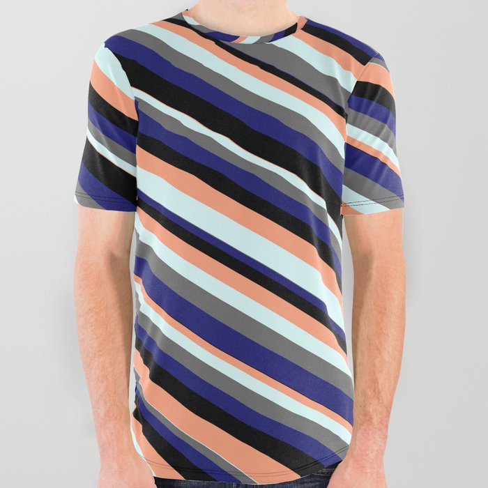 Vibrant Black, Light Salmon, Light Cyan, Dim Gray, and Midnight Blue Colored Lines Pattern All Over Graphic Tee