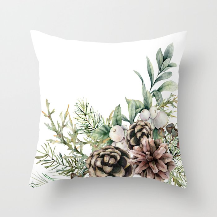 Christmas Pine Bouquet, Watercolor Floral Prints Throw Pillow