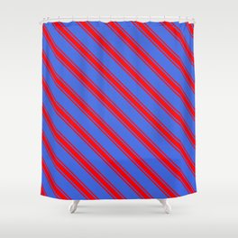 [ Thumbnail: Royal Blue and Red Colored Lined/Striped Pattern Shower Curtain ]