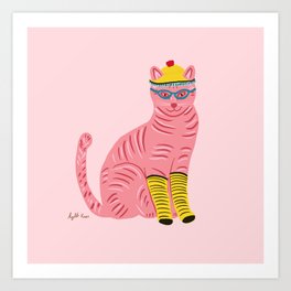 Pink cat with yellow socks  Art Print