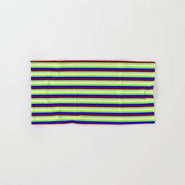 [ Thumbnail: Vibrant Light Green, Bisque, Chartreuse, Blue & Dark Red Colored Pattern of Stripes Hand & Bath Towel ]